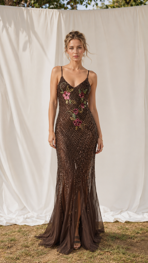 Front view of chocolate brown embroidered sequin mermaid maxi dress with spaghetti straps