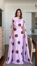 Lavender polka dot cape maxi dress front view