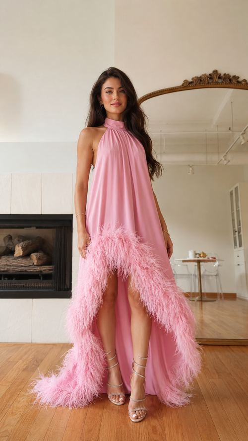 Pink halter high-low maxi dress with feather trim front view