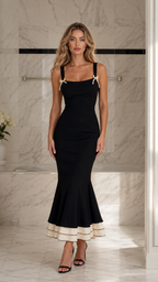 Front view of black mermaid midi dress with cream bow straps and contrast layered hem