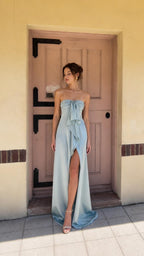 Sage green strapless evening dress front view with high slit