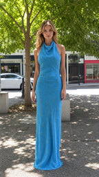 Front view of blue halter neck beaded maxi dress