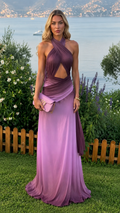 Purple cross halter cutout ruched maxi evening dress front view
