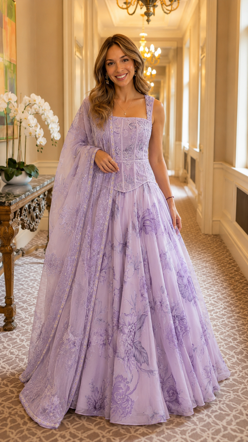 Lavender embroidered ball gown with square neckline, full skirt, and sheer drape front view