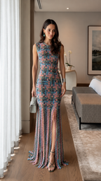 Front view of a multicolor sleeveless textured mermaid maxi dress with fringe hem