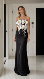 Elegance 3D Floral Applique Satin Maxi Dress in black, front view