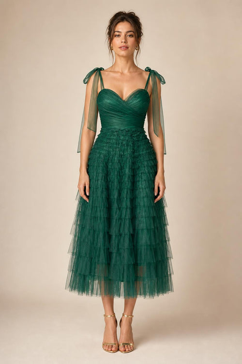 Ethereal Tiered Tulle Midi Dress in Emerald Green front view