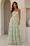 Front view of sage smocked square neck tiered maxi dress with thin straps