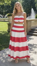 Front view of model wearing red and white striped two-piece set