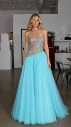 Front view of light blue crystal embellished strapless tulle evening gown