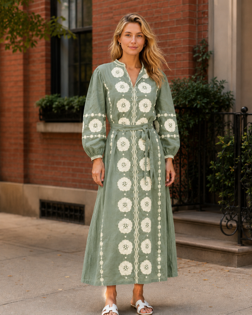 Sage green embroidered tie-waist midi dress with long sleeves front view