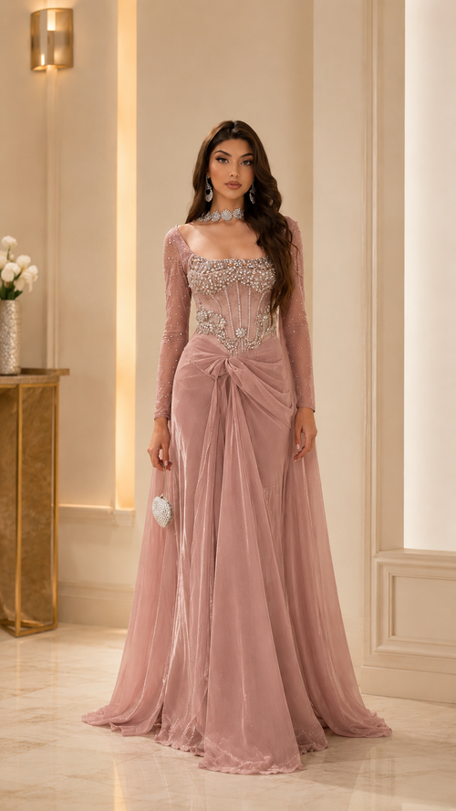 Dusty rose embellished square neck long sleeve evening gown with draped floor-length skirt front view