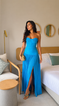 Turquoise strapless pleated sweetheart maxi dress with front slit front view