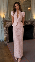Blush pink scalloped lace peplum maxi dress with deep V neckline front view