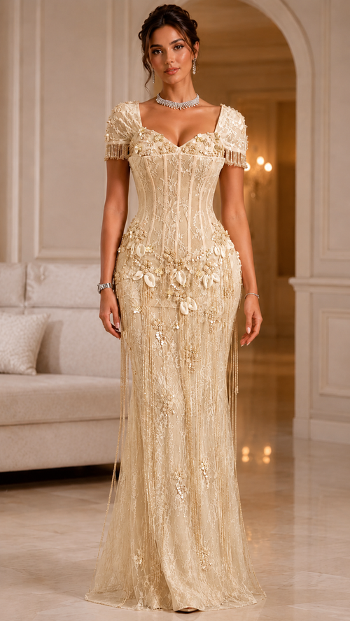 Champagne embroidered mermaid evening gown with floral appliqué and fringe short sleeves front view