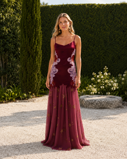 Burgundy embroidered satin-look slip mermaid maxi dress with star-detailed sheer hem front view
