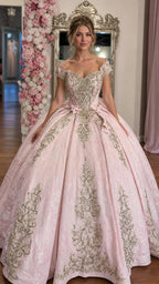 Front view of pink off-shoulder ballgown with gold embroidery