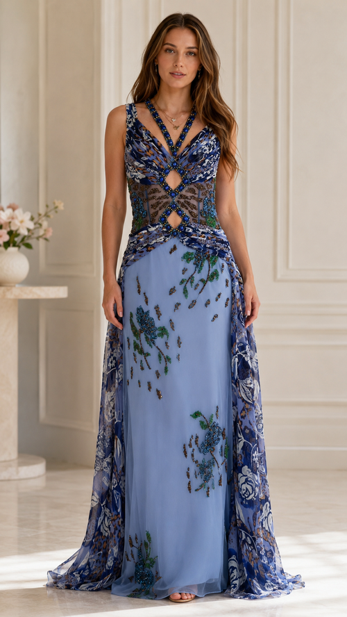 Front view of dusty blue embellished evening gown with sheer cutout bodice and floor-length skirt
