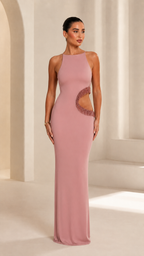 Dusty rose halter bodycon maxi dress with side cutout and fringe trim front view
