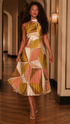 Front view of abstract multicolor halter pleated midi dress with flowing skirt