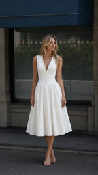 Front full view of the white V-neck midi dress