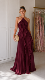 Burgundy pleated halter maxi gown with cascading front ruffle