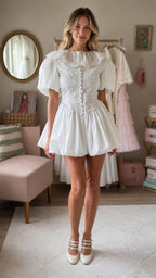 Model wearing white lace ruffle mini dress front view