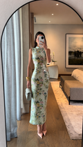Front view of mint floral sleeveless fitted long dress