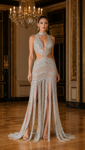 Front view of silver sequin halter evening gown with waist cutouts and fringe hem