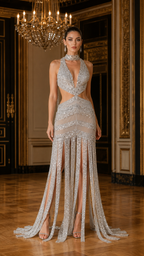Front view of silver sequin halter evening gown with waist cutouts and fringe hem