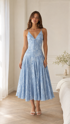 Sky blue floral textured midi slip dress front view with V-neck and flared skirt