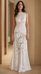 Front view of model wearing White crochet lace maxi dress
