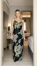 Front view of model wearing black floral maxi slip dress
