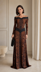 Front view of brown off-shoulder textured maxi evening dress with black contrast waist detail