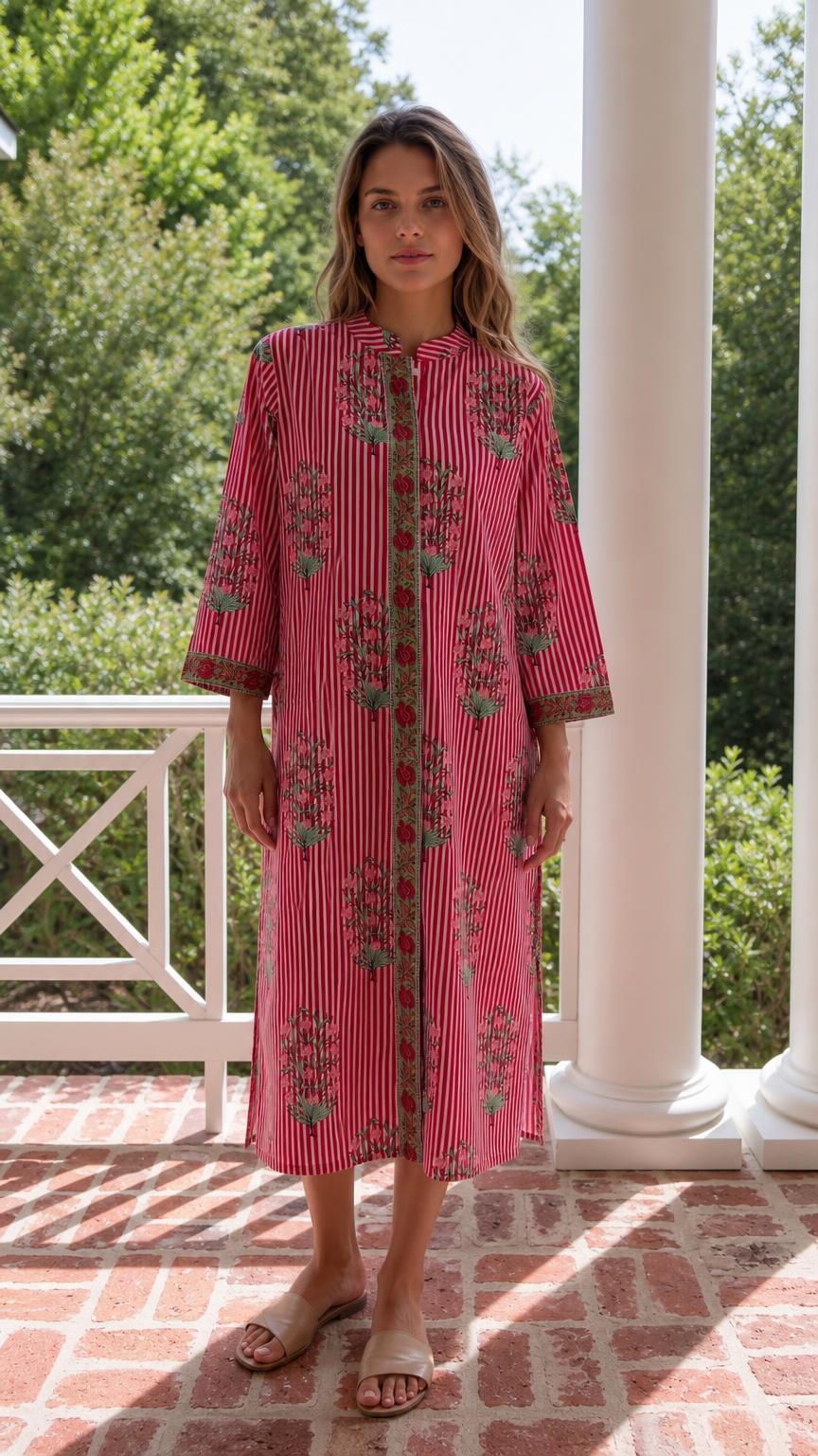 Front view of model wearing red striped floral midi dress