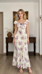 Floral Print Ruffled Maxi Dress in Ivory front view