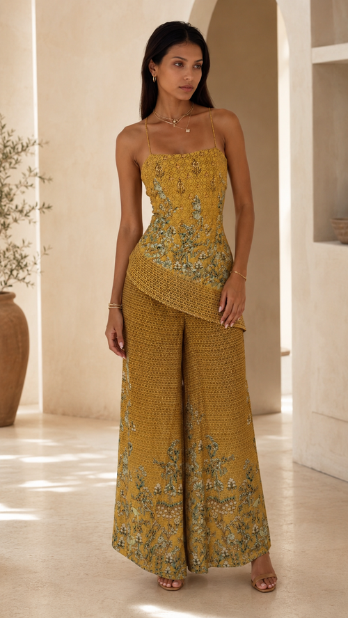 Front view of mustard embroidered cami top and wide leg pants set