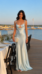 Front view of ice blue satin-look cowl neck maxi dress with front cutout and tie straps