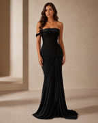 Black off-shoulder beaded evening gown with draped mermaid skirt front view