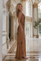 Side profile view of bronze beaded evening gown with slit