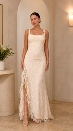 Full front view of ivory lace maxi dress with square neckline and ruffle-trim slit