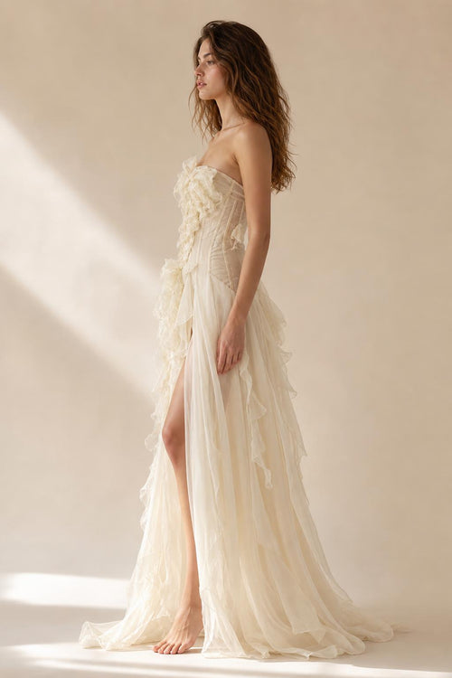 Ivory evening gown side profile view highlighting silhouette