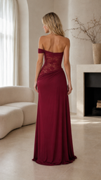 Back view of burgundy off-shoulder lace bodice maxi dress