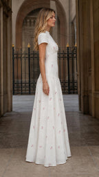Side profile view of White floral embroidered maxi dress