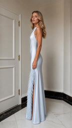 Light blue satin maxi dress side view showing high slit