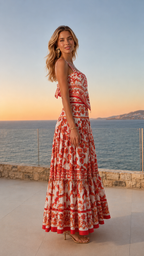 Side view of red and white printed sleeveless maxi dress with flowing skirt