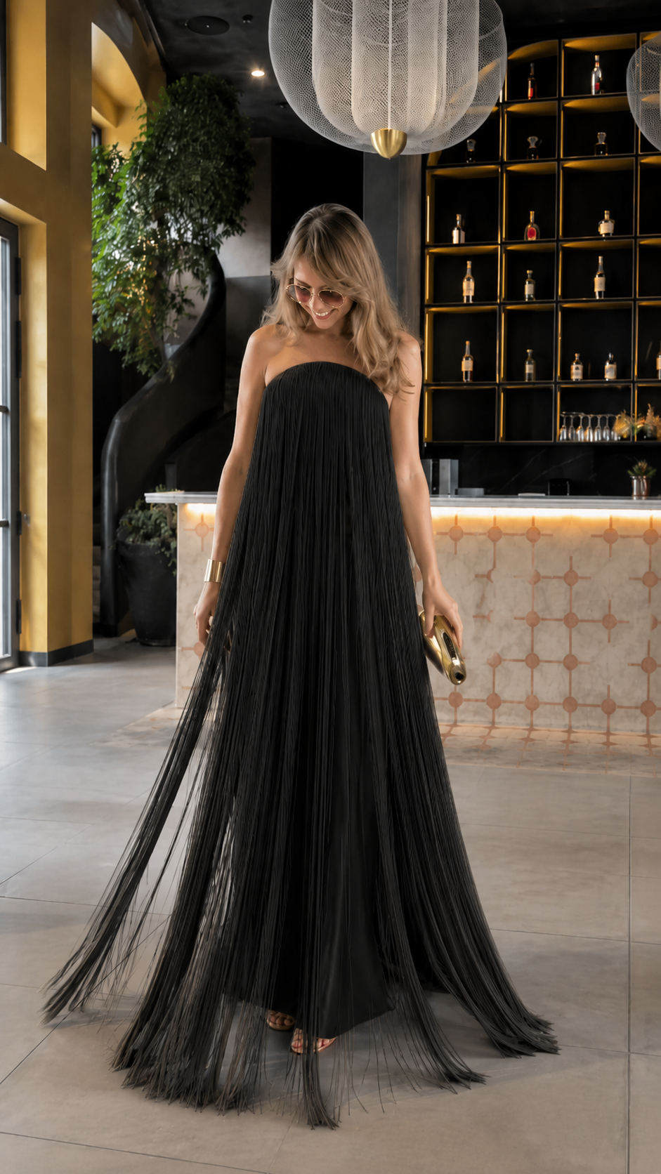 Black strapless fringe maxi dress front view