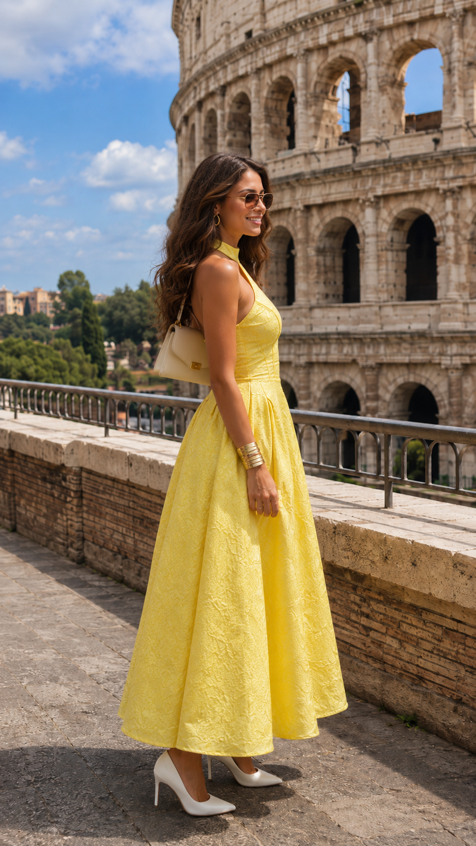 Side view of butter yellow halter neck midi dress with textured finish