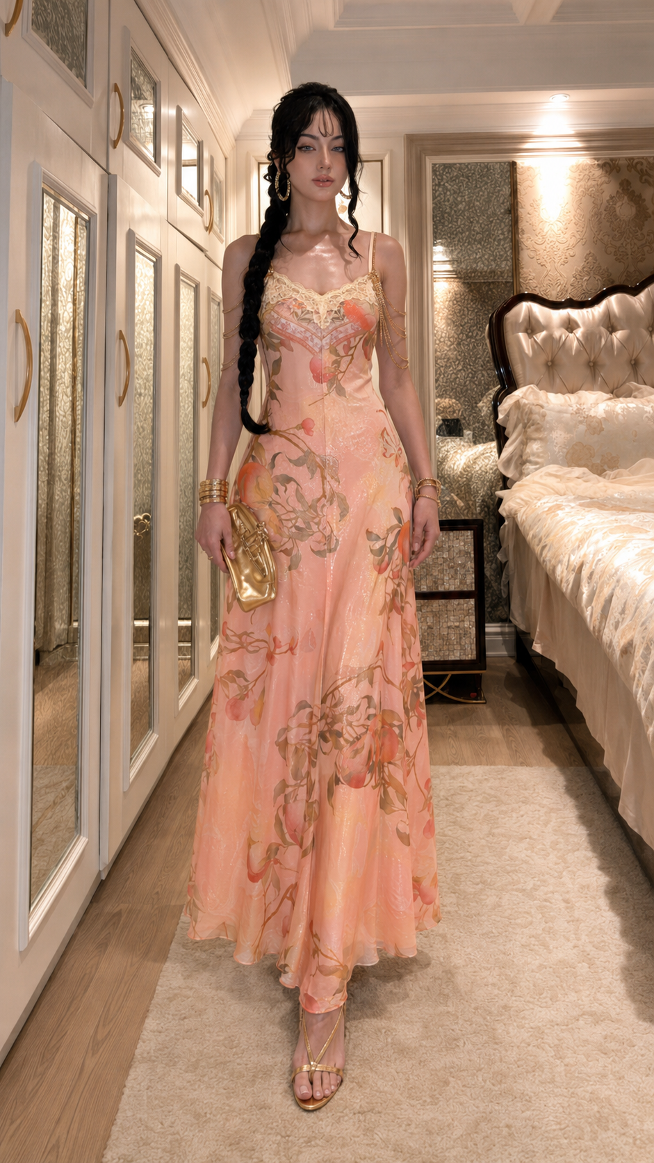 Peach floral lace trim satin-look slip maxi dress front view