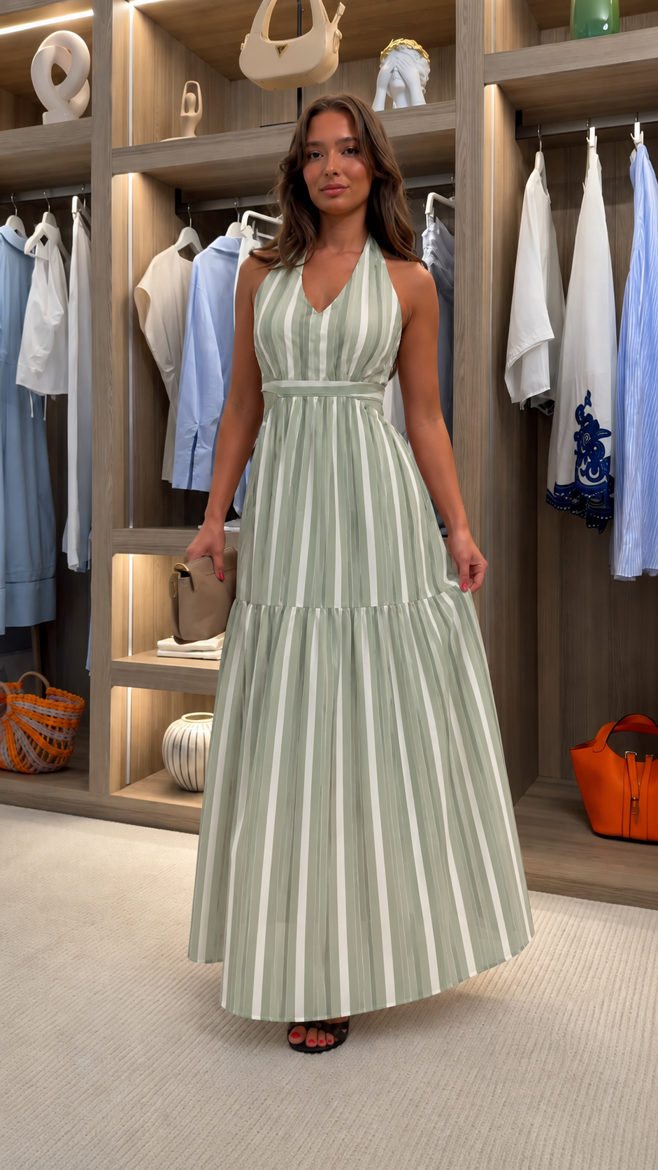 Sage striped halter neck tiered maxi dress front view